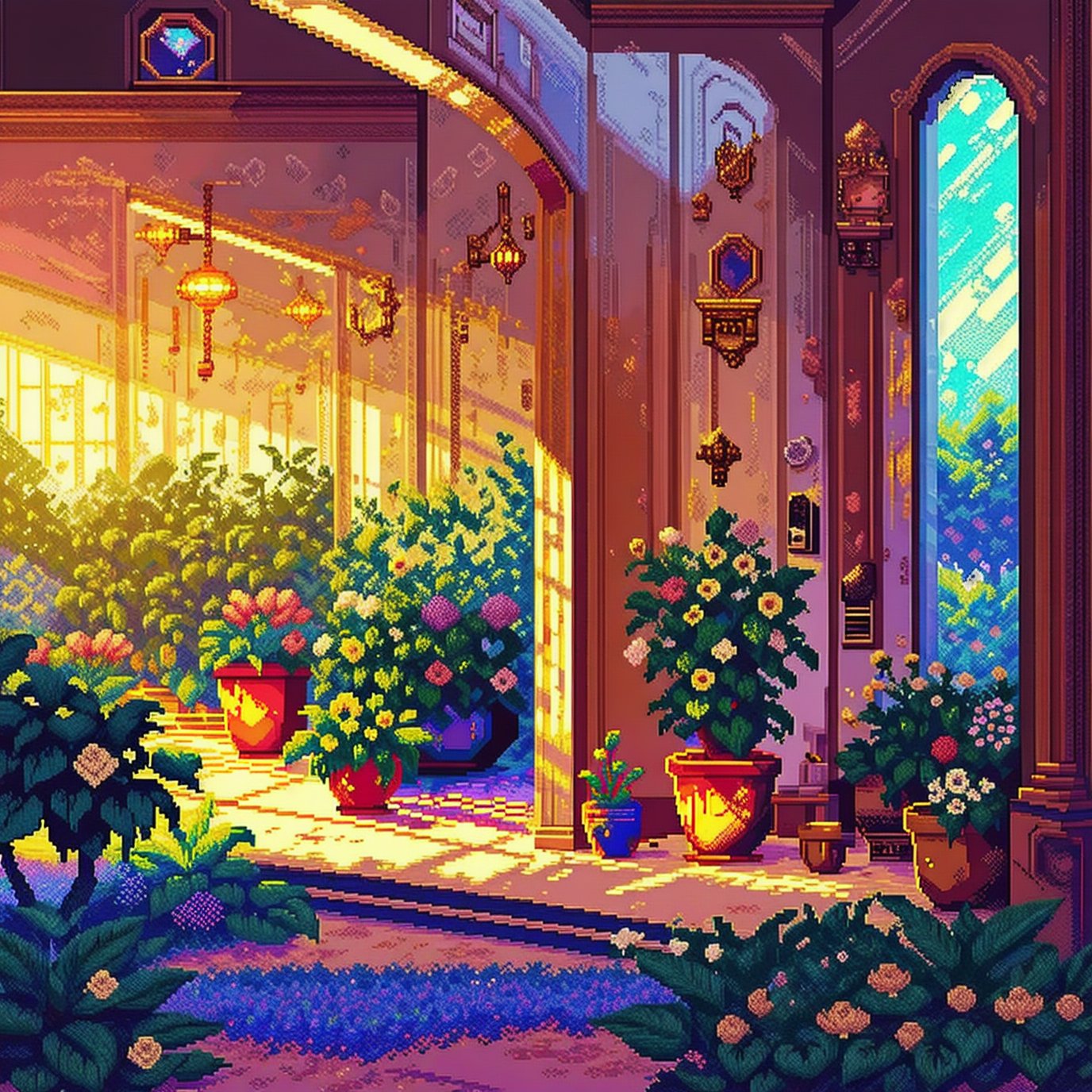 637365109-2780773964-((game pixel art)), Architectural digest photo of a maximalist green solar living room with lots of flowers and plants, golden l.jpg